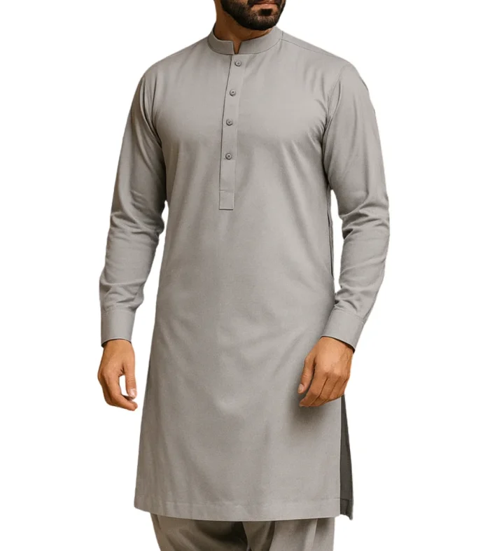 Unstitched soft grey cotton fabric for men shalwar kameez Pakistan with smooth, elegant texture
