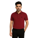 Maroon cotton blend polo shirt for men with ribbed collar and two-button placket
