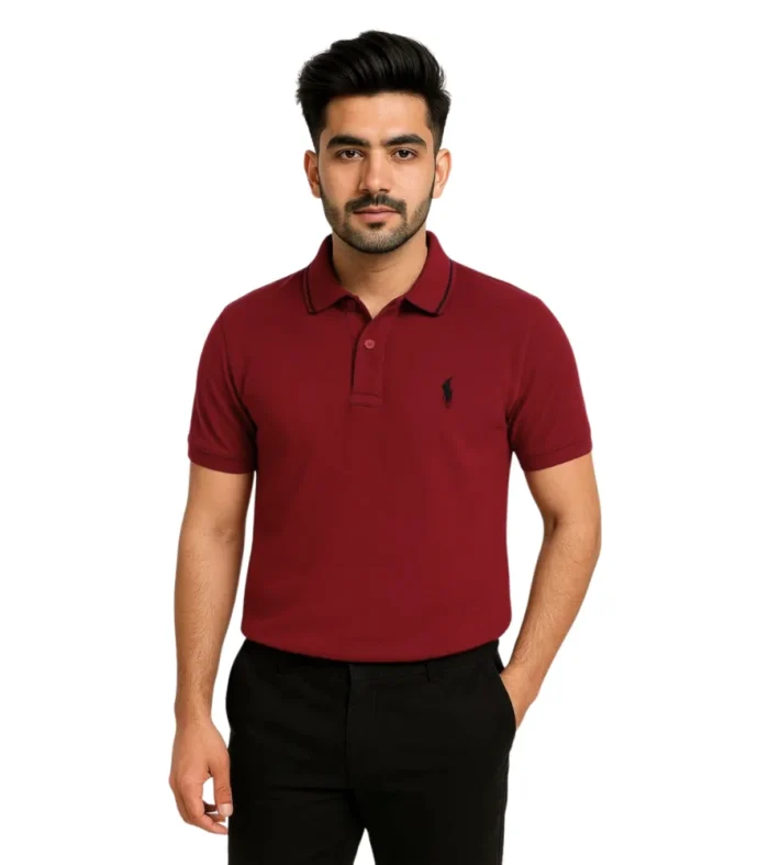 Maroon cotton blend polo shirt for men with ribbed collar and two-button placket