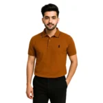Orange cotton blend polo shirt for men with ribbed collar and two-button placket