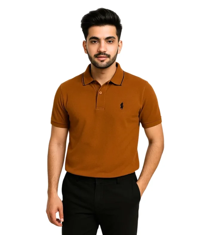 Orange cotton blend polo shirt for men with ribbed collar and two-button placket