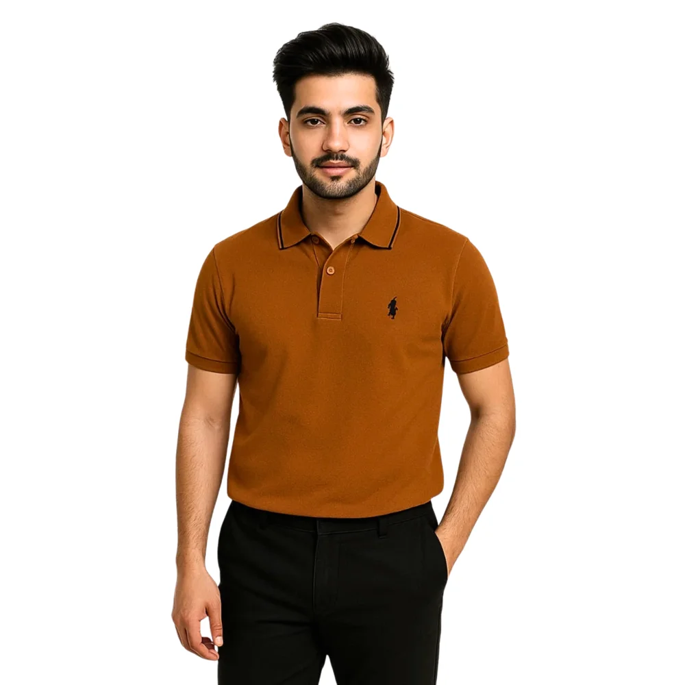 Orange cotton blend polo shirt for men with ribbed collar and two-button placket