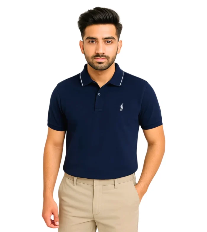 Mid-Night Blue cotton blend polo shirt for men with standard fit and classic polo collar