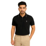 Black cotton blend polo shirt for men with ribbed collar and classic two-button placket