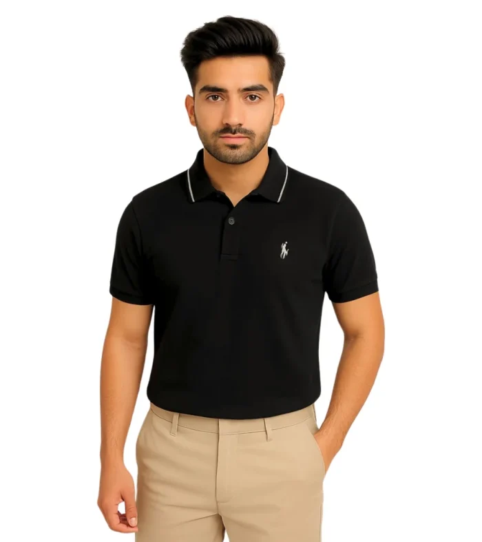 Black cotton blend polo shirt for men with ribbed collar and classic two-button placket