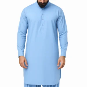Unstitched light blue cotton fabric for shalwar kameez men in Pakistan with a soft, elegant finish
