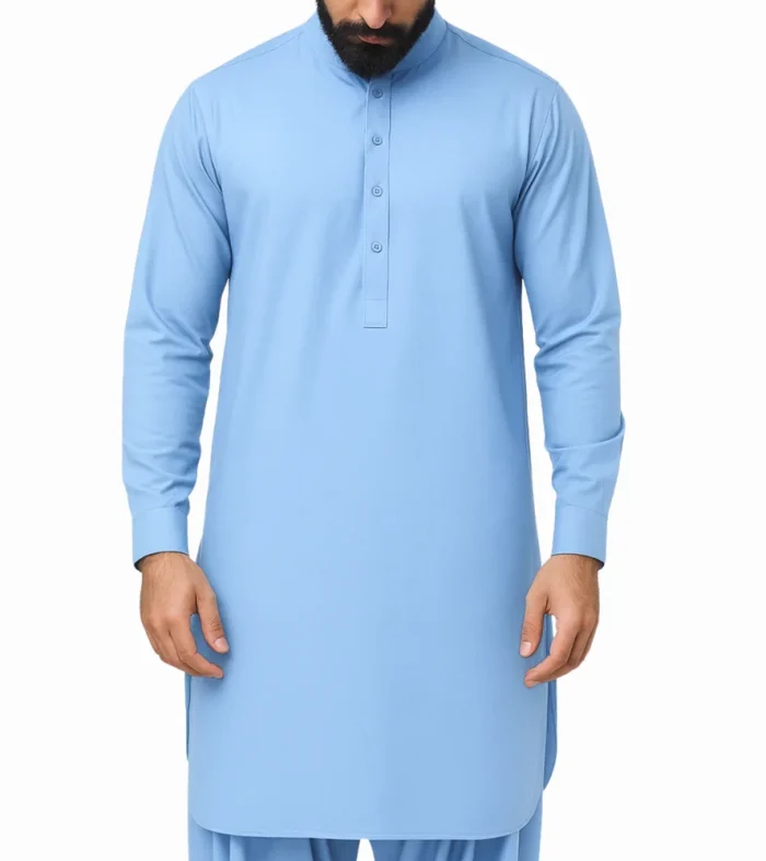 Unstitched light blue cotton fabric for shalwar kameez men in Pakistan with a soft, elegant finish