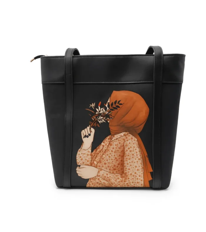 Black Hijab Art Tote Bag – artistic hand carry for women, modern handbag design by Nouvaid Center