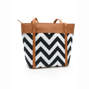 Chevron Pattern Tote Bag stylish black-and-white chevron design with tan faux leather accents, hand carry bag for women by Nouvaid Center