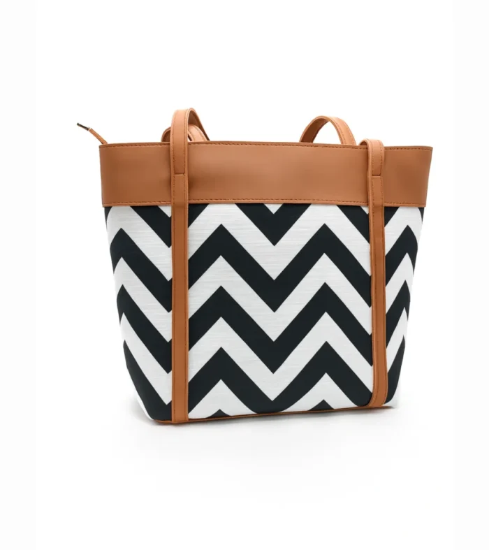 Chevron Pattern Tote Bag stylish black-and-white chevron design with tan faux leather accents, hand carry bag for women by Nouvaid Center