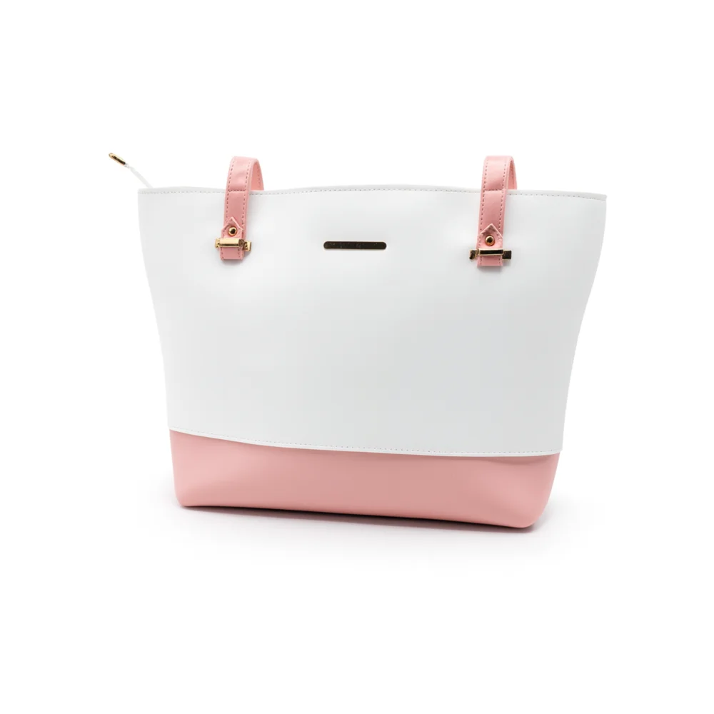 White & Pink Tote Bag elegant dual-tone design with pastel pink base and gold-tone accents, hand carry bag for women by Nouvaid Center