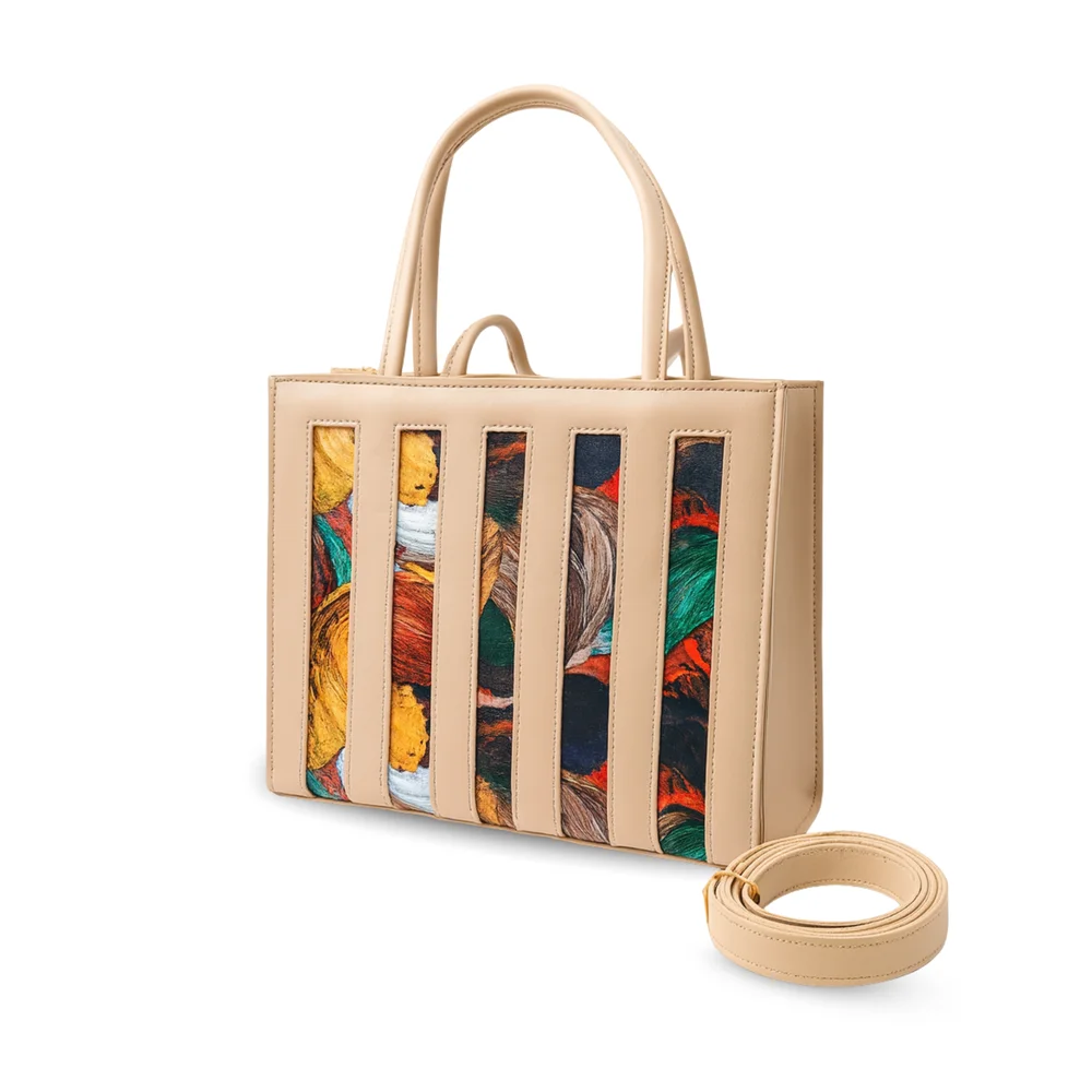 Artistic beige tote new handbag design by Nouvaid Center, vibrant leather hand bag for women.