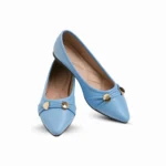 Elegant women’s flats in a refreshing sky-blue shade, styled with subtle pleated detailing and finished with polished gold accents for a refined, modern touch. Lightweight and versatile for day-to-night wear.