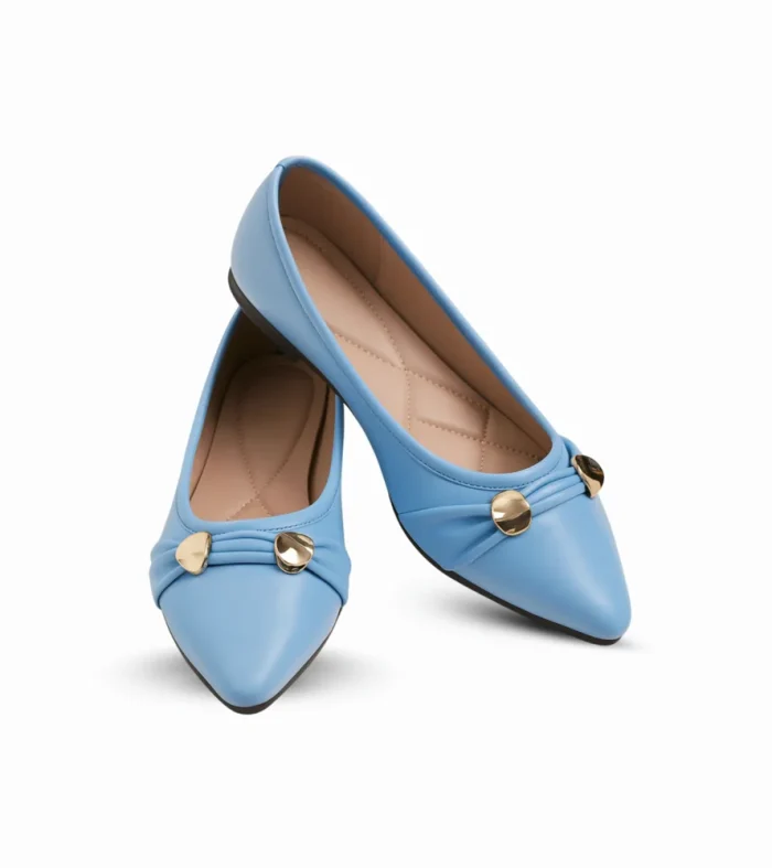 Elegant women’s flats in a refreshing sky-blue shade, styled with subtle pleated detailing and finished with polished gold accents for a refined, modern touch. Lightweight and versatile for day-to-night wear.
