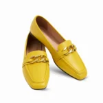 Sleek women’s loafers in a bold yellow finish, accented with a polished gold chain detail across the vamp for a modern twist on a classic silhouette. Light weigaht and easy to slip on.