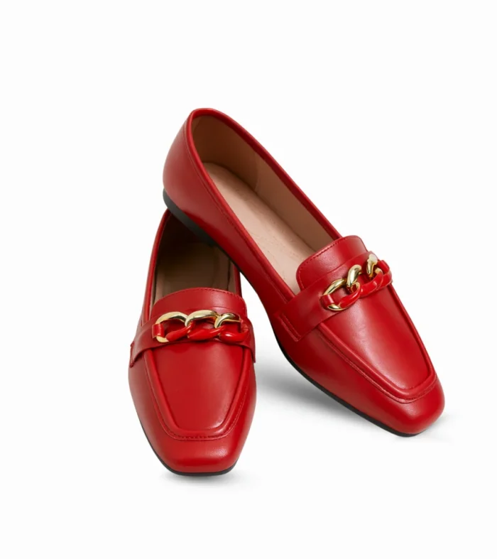 Buy the Crimson Chain Loafers at Nouvaid Center bold red women’s loafers with a chic gold chain detail and cushioned comfort. Perfect for work, parties, and casual outings.