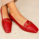 Buy the Crimson Chain Loafers at Nouvaid Center bold red women’s loafers with a chic gold chain detail and cushioned comfort. Perfect for work, parties, and casual outings.