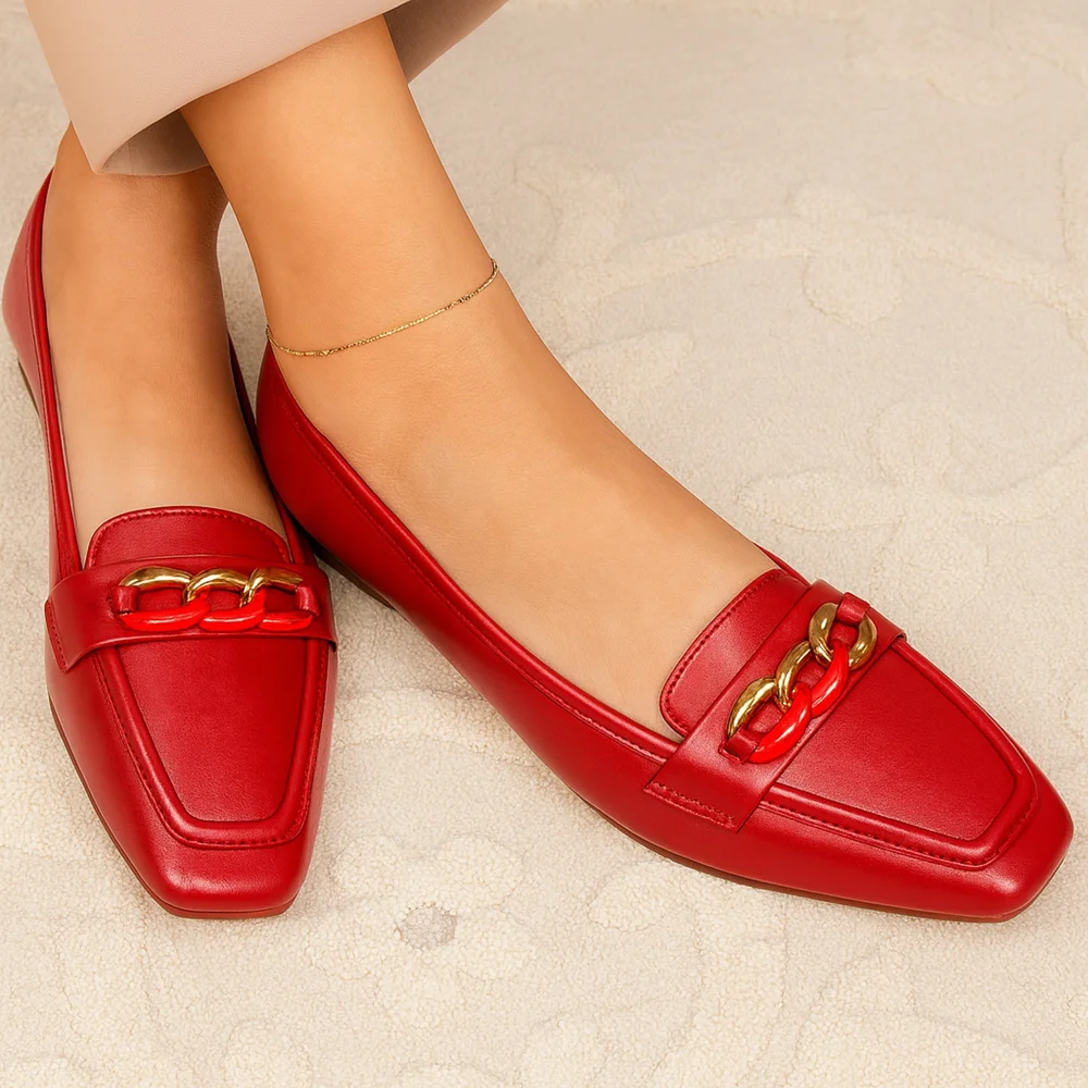 Buy the Crimson Chain Loafers at Nouvaid Center bold red women’s loafers with a chic gold chain detail and cushioned comfort. Perfect for work, parties, and casual outings.
