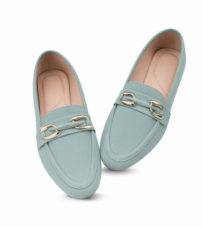 Buy stylish mint green loafers with gold chain detail at Nouvaid Center, perfect for office looks, casual wear, and comfort.