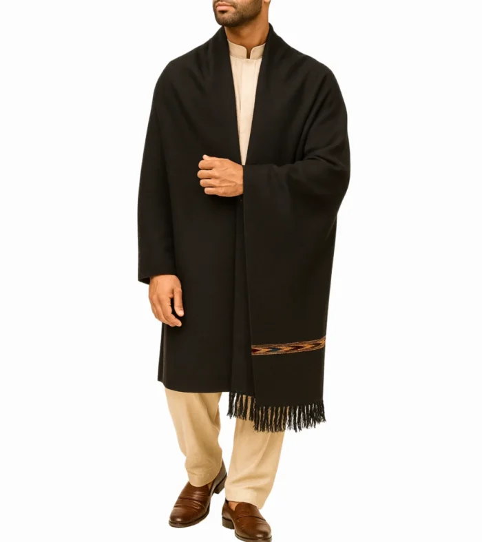 Majestic Black Pashmina Shawl for men luxury embroidered winter shawl by Nouvaid Center Pakistan