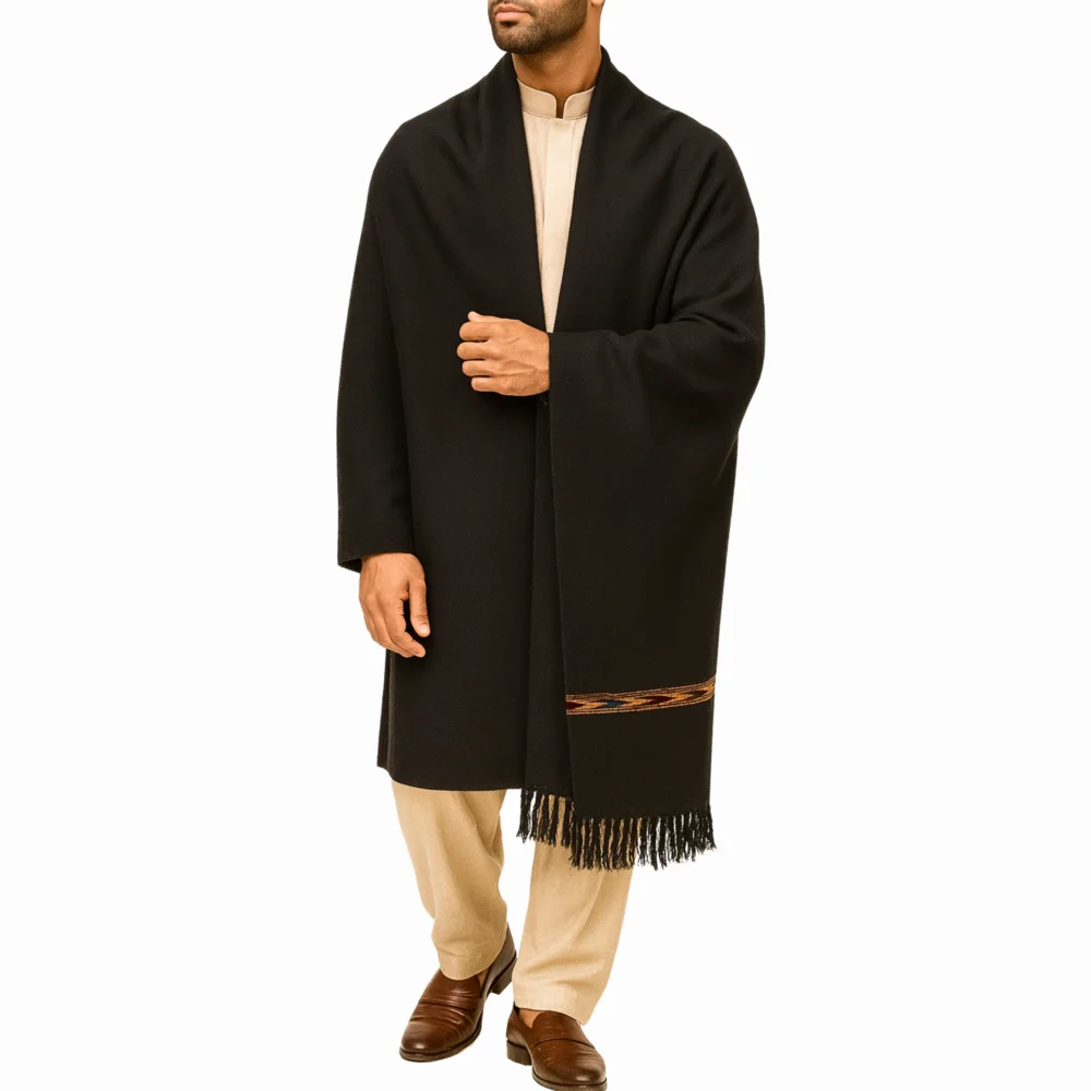 Majestic Black Pashmina Shawl for men luxury embroidered winter shawl by Nouvaid Center Pakistan