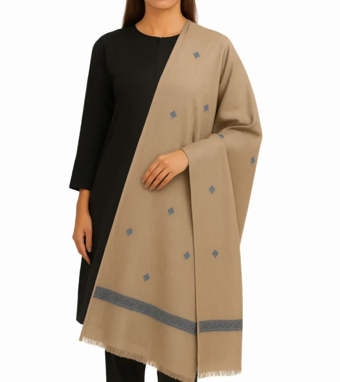 Beige Pashmina Shawl - Grey Geometric Embroidery - Modern and Elegant