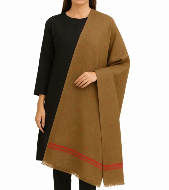 Camel Brown Pashmina Shawl with Red Embroidery Luxury and Elegance Combined