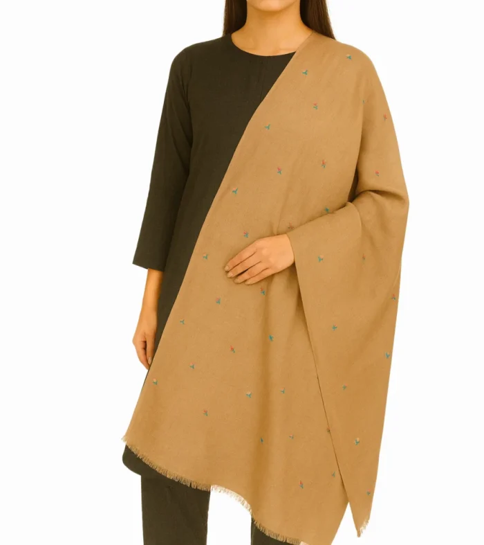 Camel Brown Pashmina Shawl - Multicolor Motif Embroidery - Elegant and Versatile