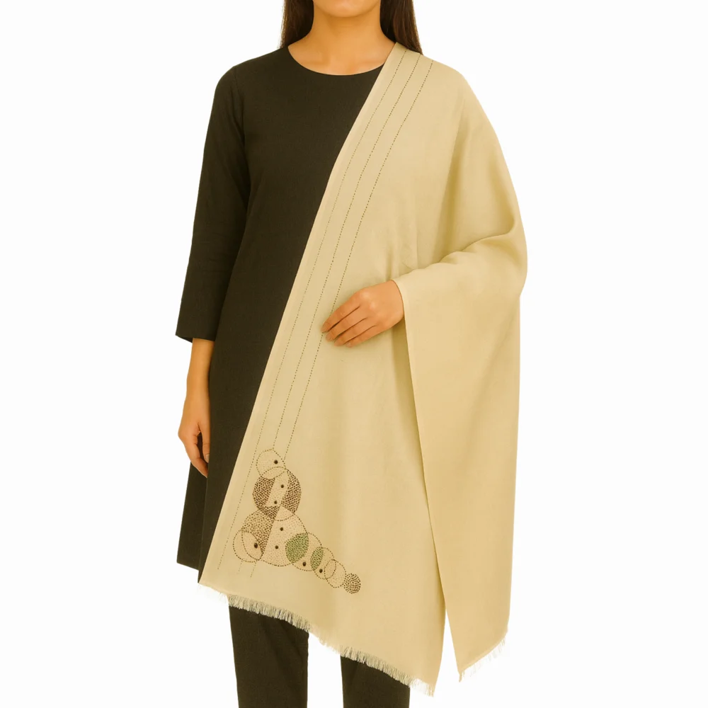 Cream Pashmina Shawl - Artistic Circle Embroidery - Unique and Elegant