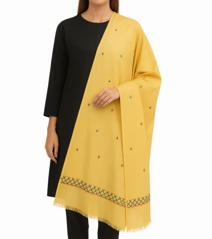 Mustard Pashmina Shawl - Multicolor Embroidery - Elegant and Vibrant