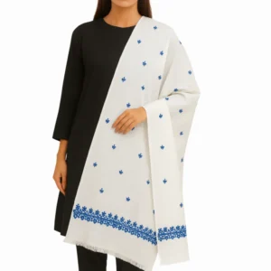 White Pashmina Shawl Blue Floral Embroidery Elegant and Refined