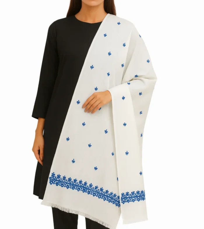 White Pashmina Shawl Blue Floral Embroidery Elegant and Refined