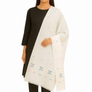 White Pashmina Shawl - Blue & Pink Geometric Embroidery - Elegant and Modern