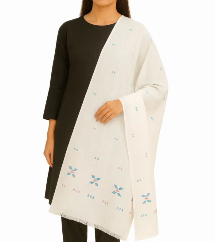 White Pashmina Shawl - Blue & Pink Geometric Embroidery - Elegant and Modern