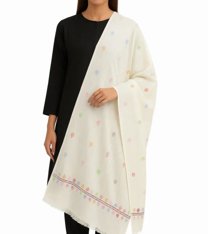 White Pashmina Shawl Multicolor Embroidery Elegant and Vibrant