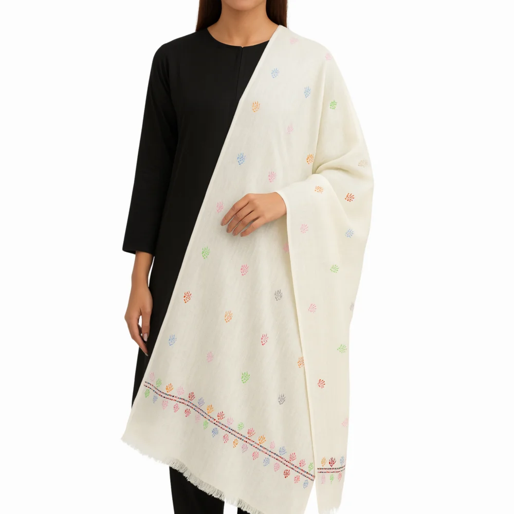 White Pashmina Shawl Multicolor Embroidery Elegant and Vibrant