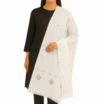 White Pashmina Shawl - Brown Geometric Embroidery - Modern and Refined