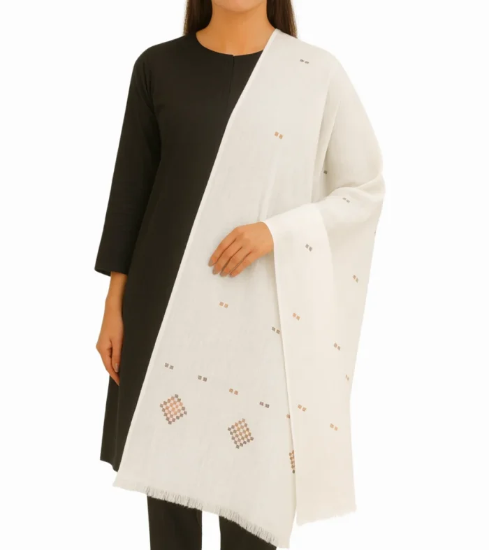 White Pashmina Shawl - Brown Geometric Embroidery - Modern and Refined