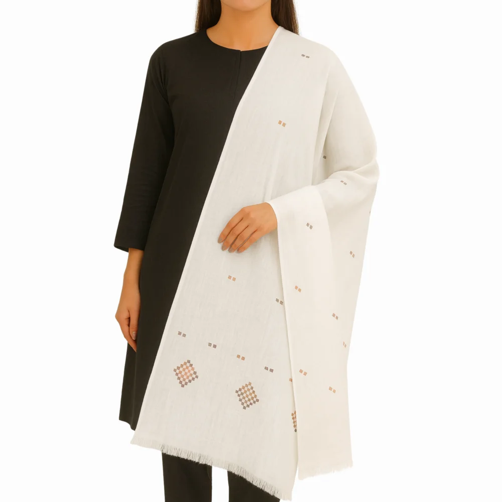 White Pashmina Shawl - Brown Geometric Embroidery - Modern and Refined