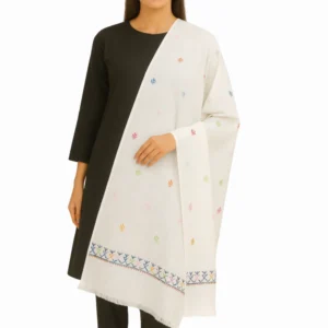 White Pashmina Shawl - Multicolor Motif Embroidery - Elegant and Vibrant