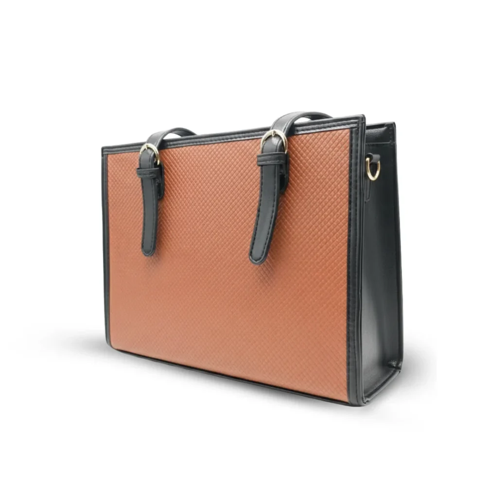 Structured brown tote bag with diamond texture and black adjustable handles