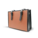 Structured brown tote bag with diamond texture and black adjustable handles