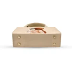 Structured beige canvas handbags featuring mini illustrations of a girl in a hijab holding flowers.