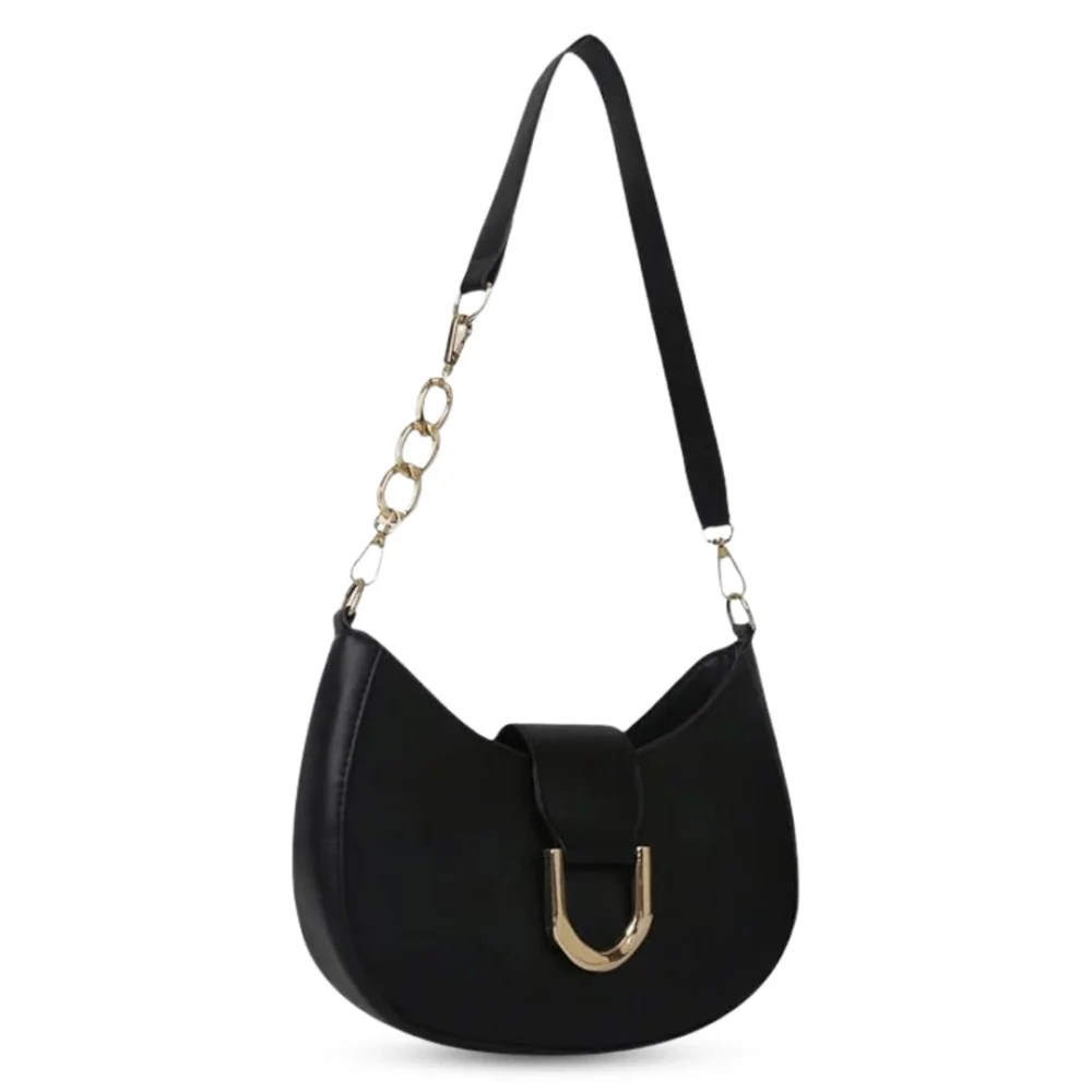 Black half-moon hobo bag with a large gold U-shaped buckle and a chunky gold link chain strap.