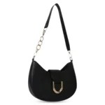 Black half-moon hobo bag with a large gold U-shaped buckle and a chunky gold link chain strap.