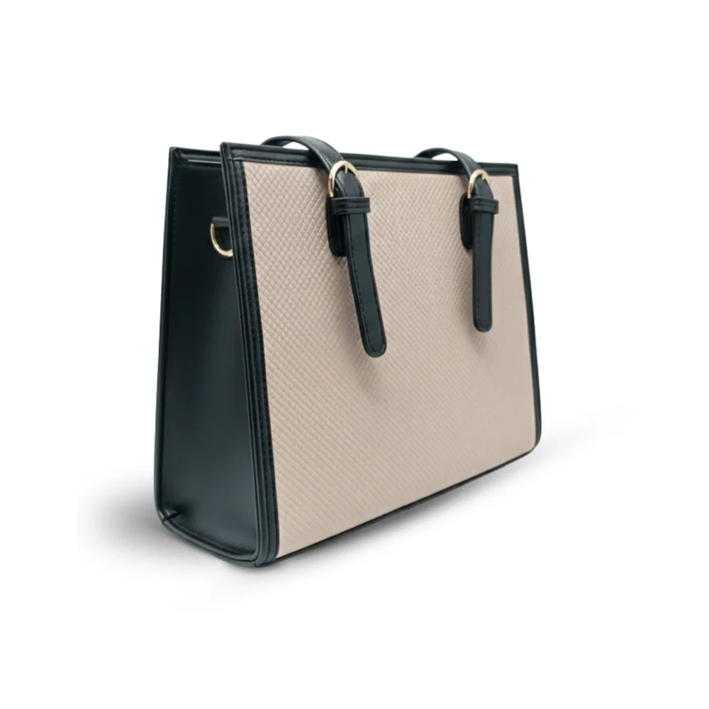 Structured beige tote bag with diamond texture and black adjustable handles