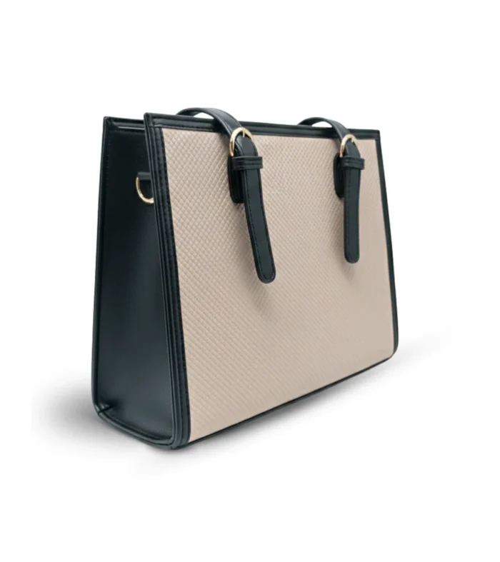 Structured beige tote bag with diamond texture and black adjustable handles