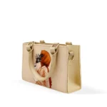 Structured black and beige canvas handbags featuring minimalist illustrations of a girl in a hijab holding flowers.