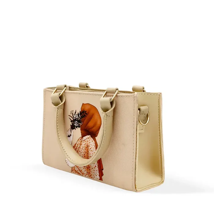 Structured black and beige canvas handbags featuring minimalist illustrations of a girl in a hijab holding flowers.