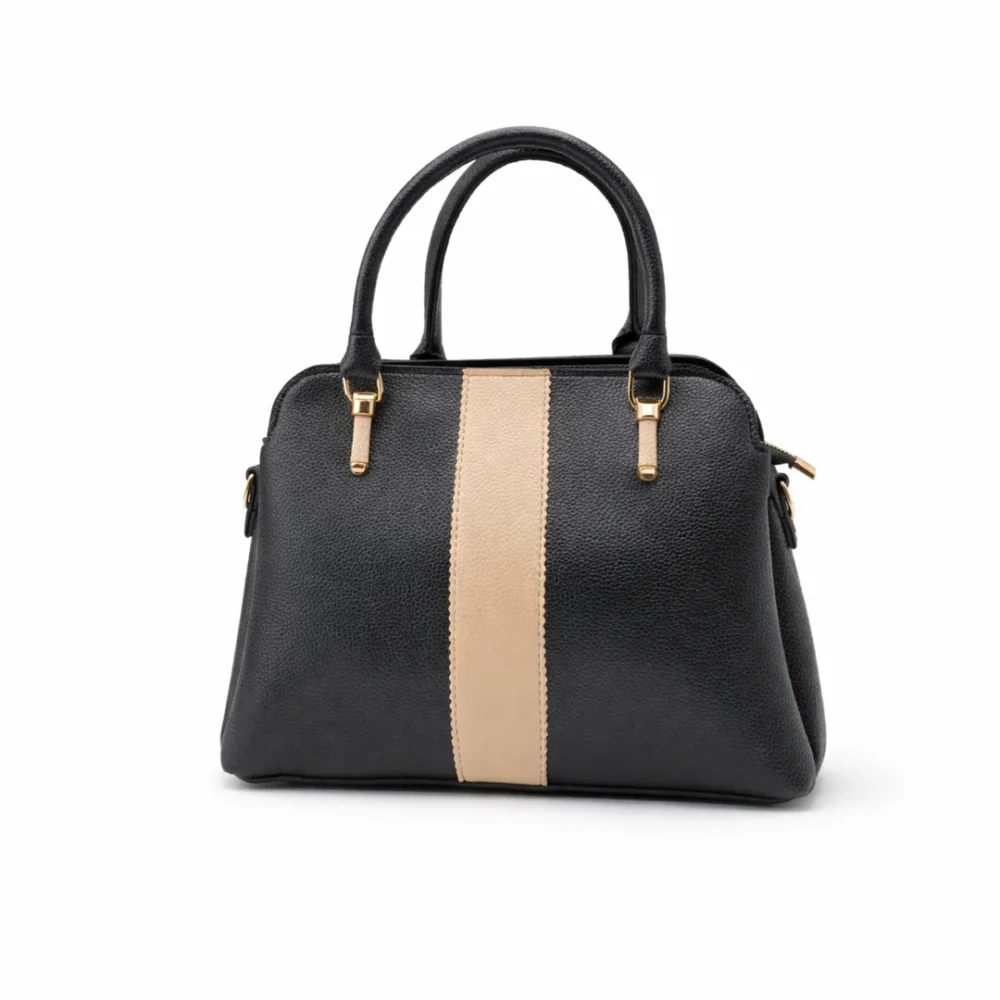 Structured black pebble-grain satchel bag with a vertical cream stripe in the center and gold handles.